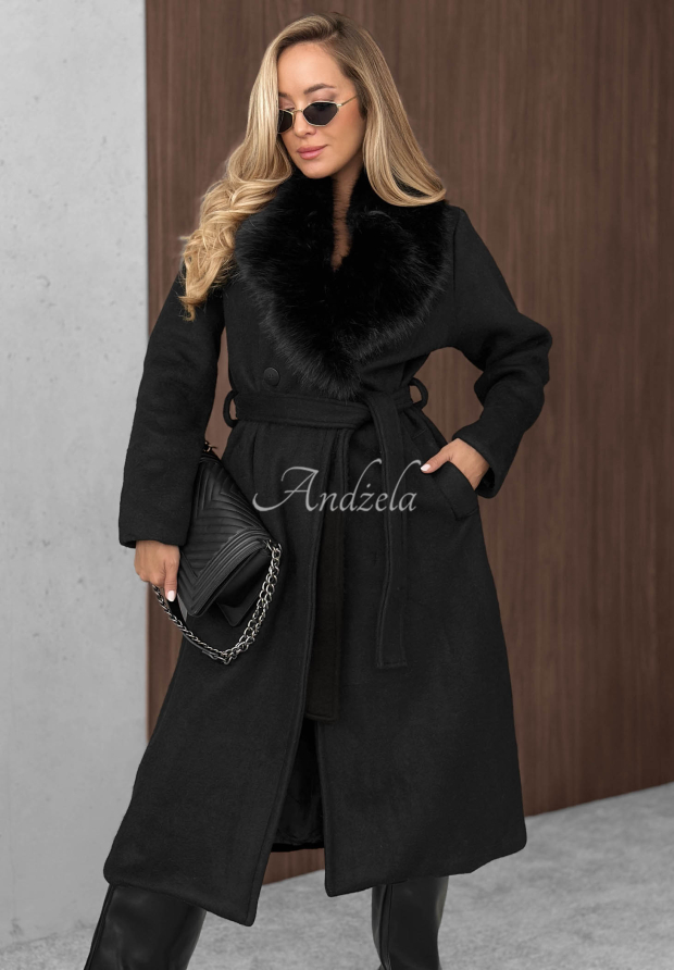 Langer Mantel mit Fellbesatz und Wollanteil Clouded Reverie Schwarz