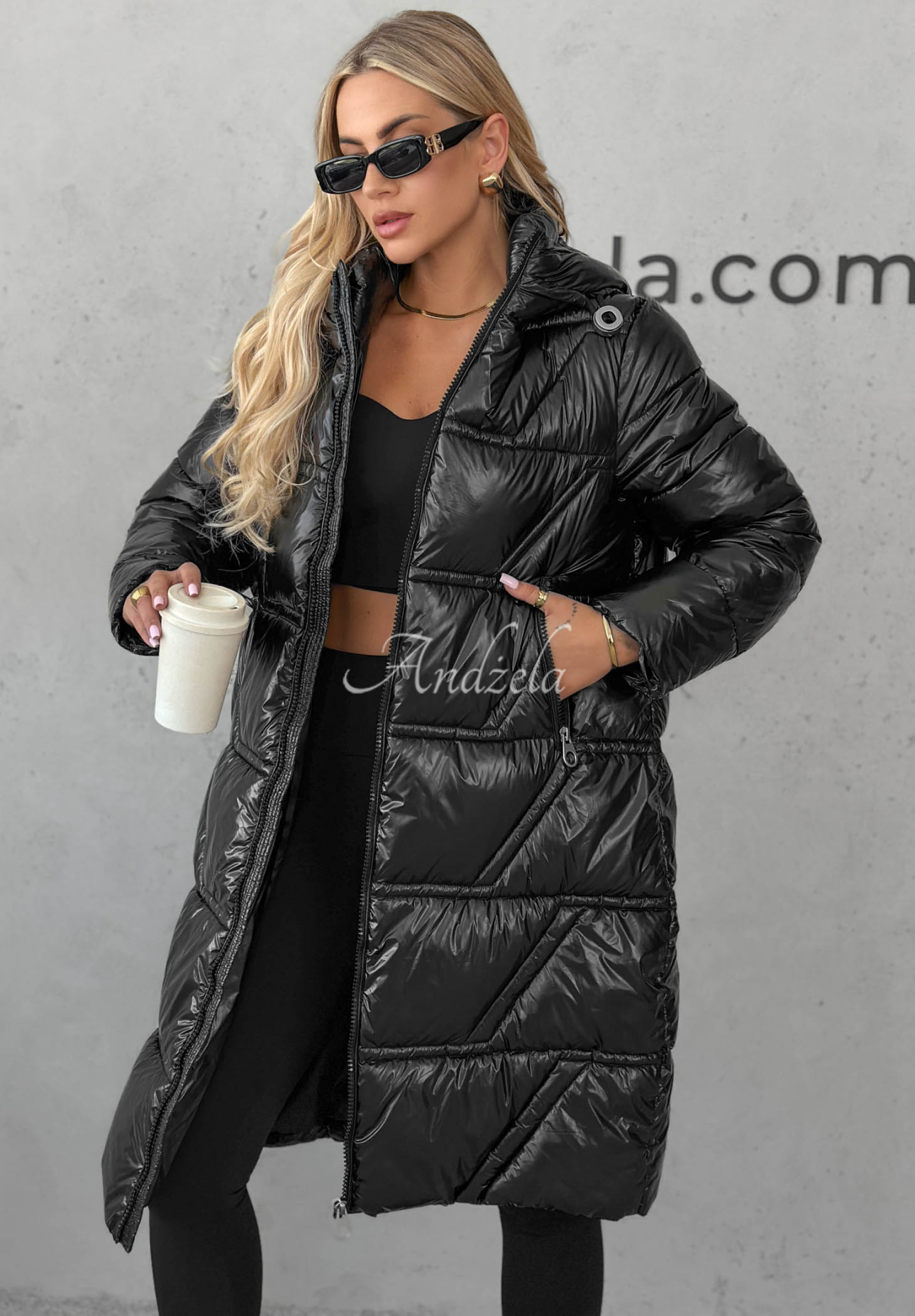 Lange, gesteppte Jacke mit Kapuze Winter Mode Schwarz