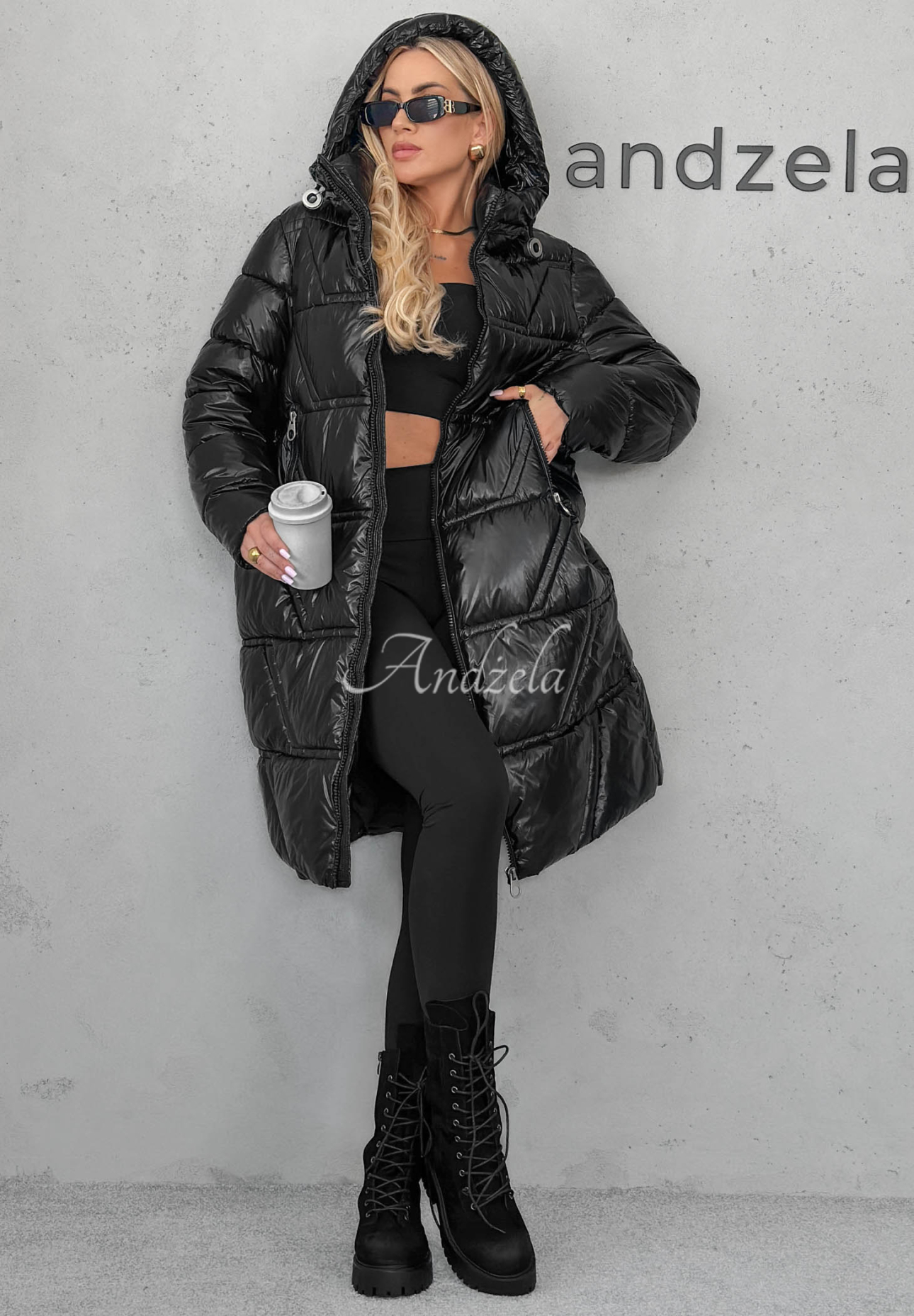 Lange, gesteppte Jacke mit Kapuze Winter Mode Schwarz