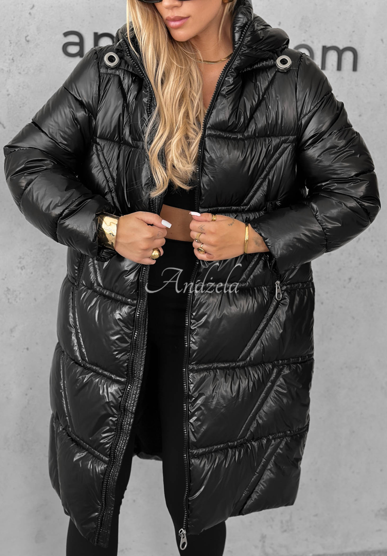 Lange, gesteppte Jacke mit Kapuze Winter Mode Schwarz