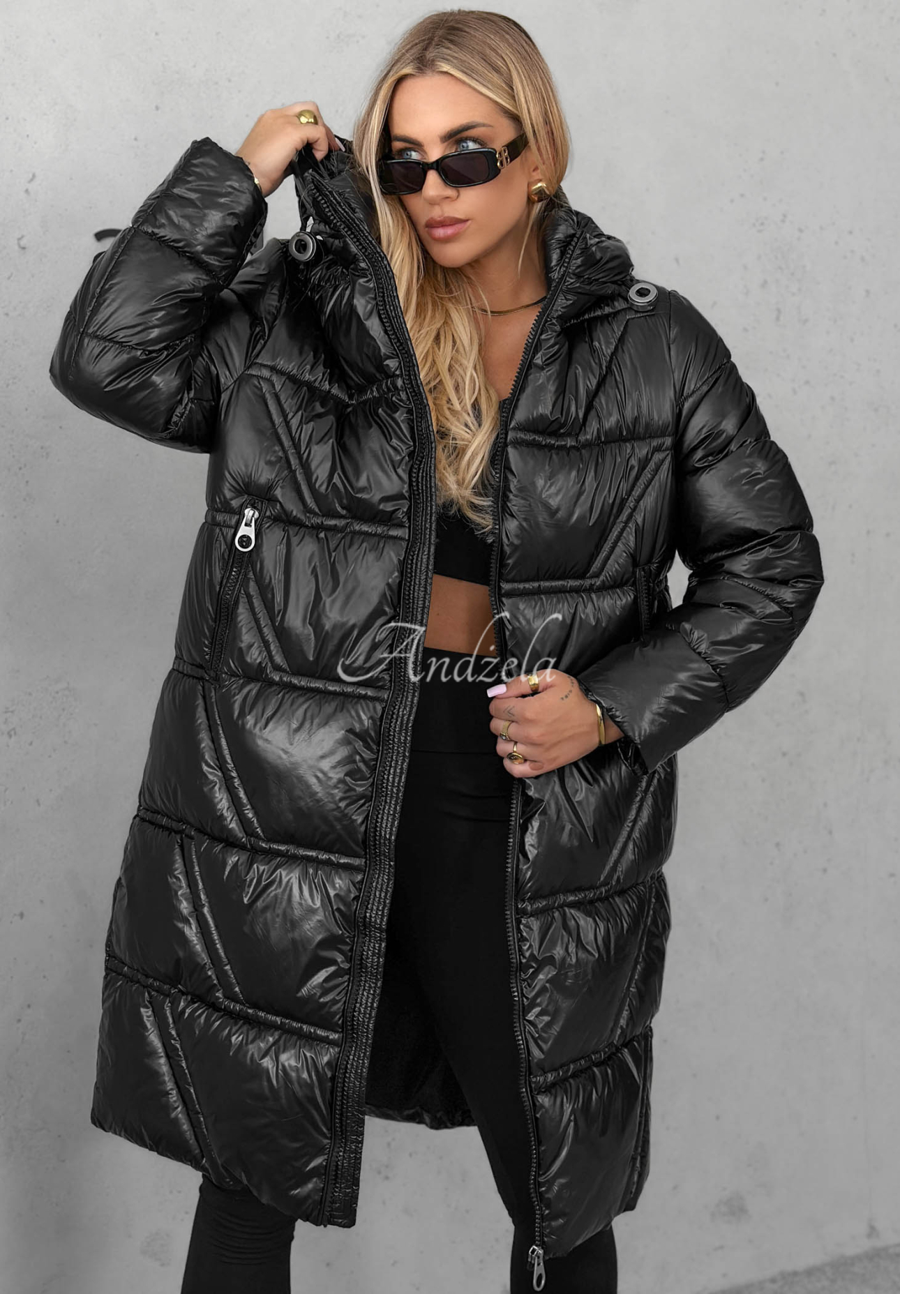 Lange, gesteppte Jacke mit Kapuze Winter Mode Schwarz