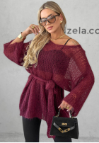 Długi moherowy Pullover z paskiem Sweet Comfort Burgunderrot
