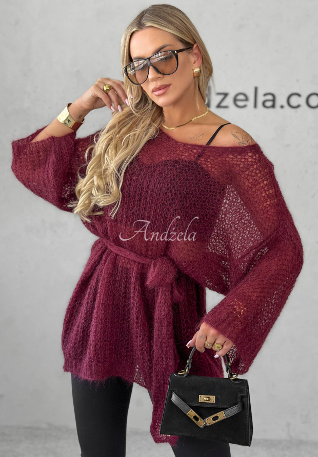Langer Mohairpullover mit G&uuml;rtel Sweet Comfort Burgunderrot