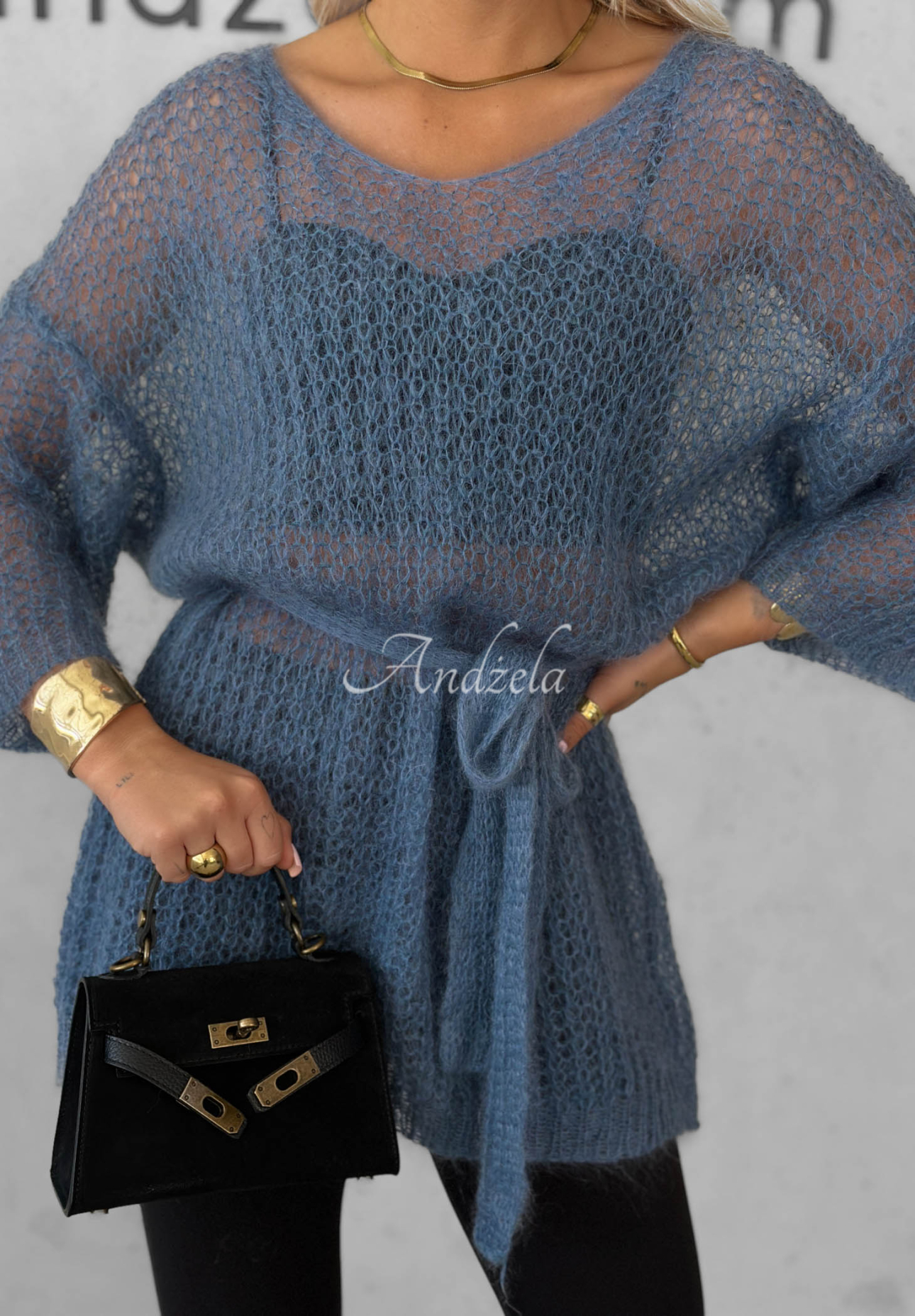 Langer Mohairpullover mit Gürtel Sweet Comfort Blau