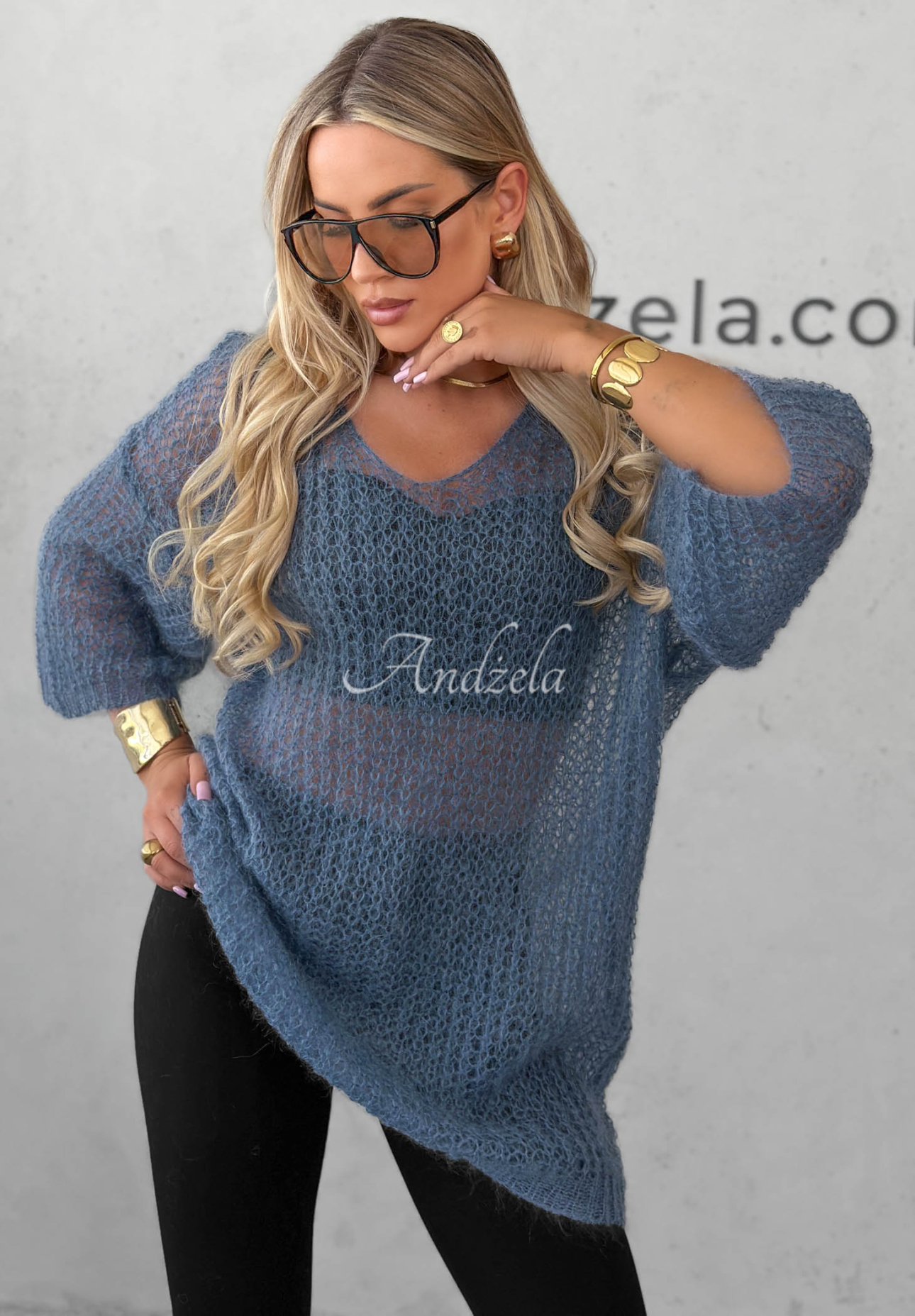 Langer Mohairpullover mit Gürtel Sweet Comfort Blau