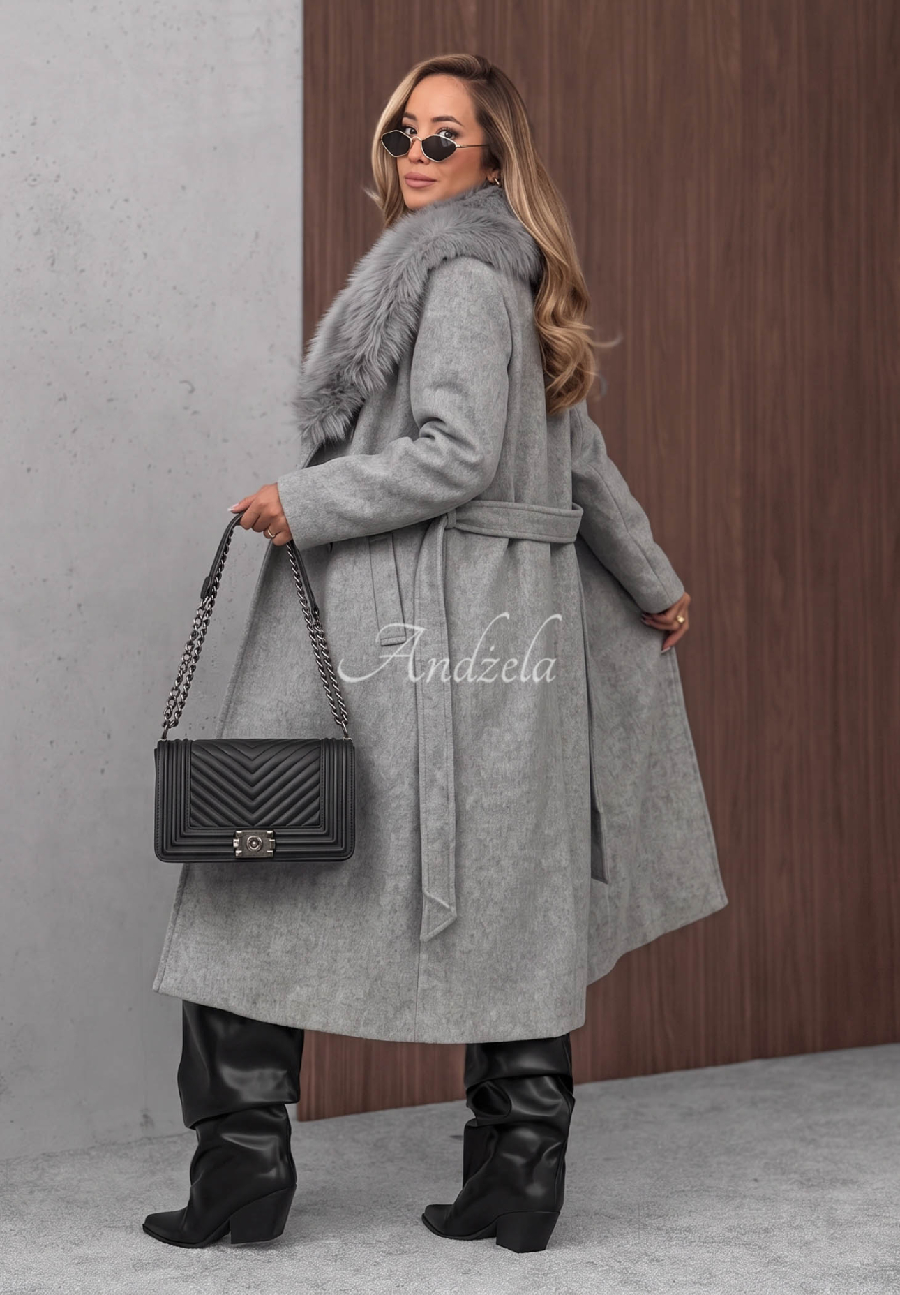 Langer Mantel mit Fellbesatz und Wollanteil Clouded Reverie Grau