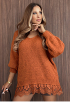 Pullover oversize z koronką Dusky Clouds rudy