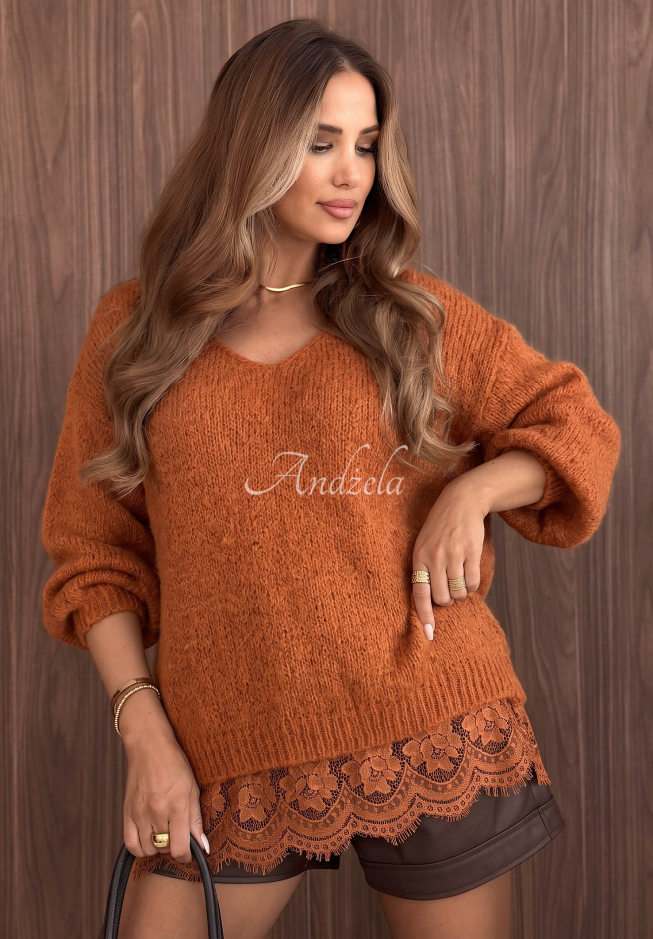 Oversized Spitzenpullover aus Wolle und Viskose Dusky Clouds rotblond