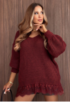Pullover oversize z koronką Dusky Clouds rudy