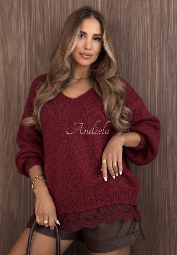 Oversized Spitzenpullover aus Wolle und Viskose Dusky Clouds Burgunderrot
