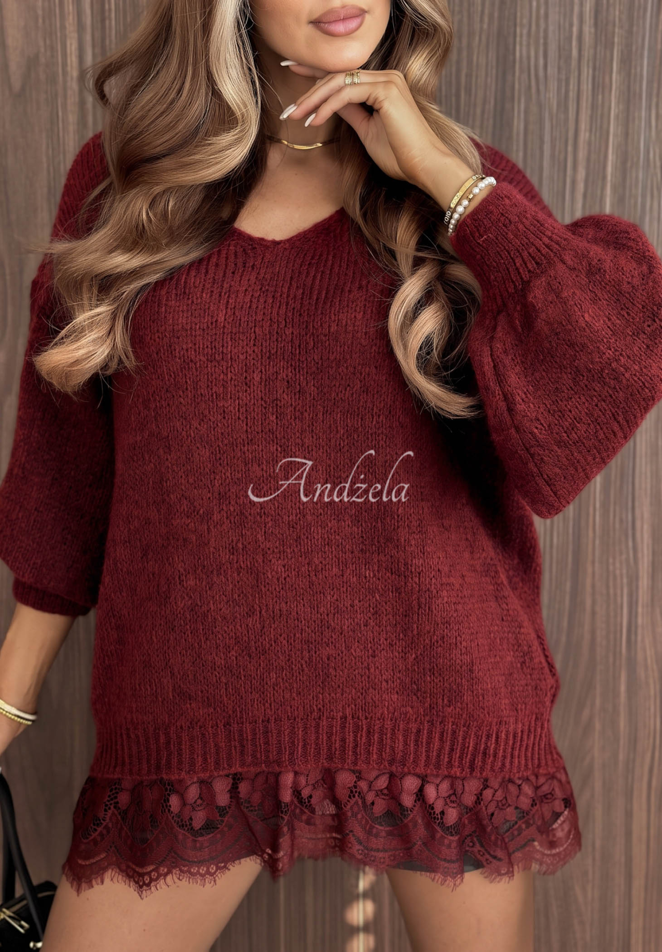 Oversized Spitzenpullover aus Wolle und Viskose Dusky Clouds Burgunderrot