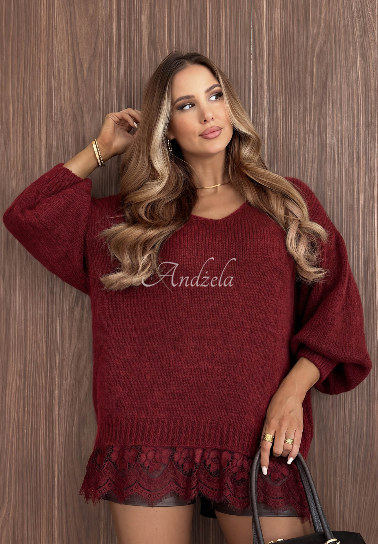 Oversized Spitzenpullover aus Wolle und Viskose Dusky Clouds Burgunderrot