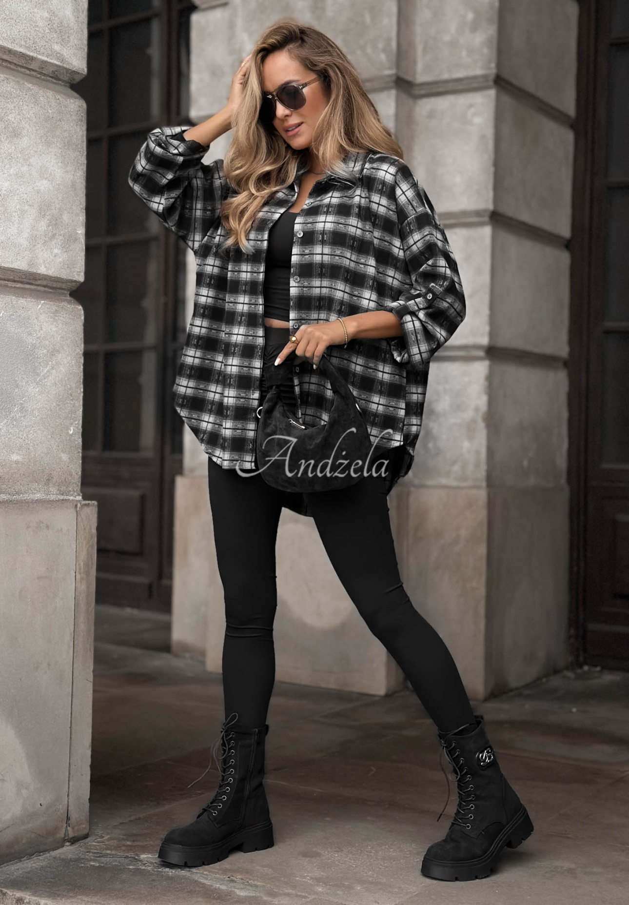 Asymmetrisches Karohemd mit Viskose Autumn Poetry Schwarz