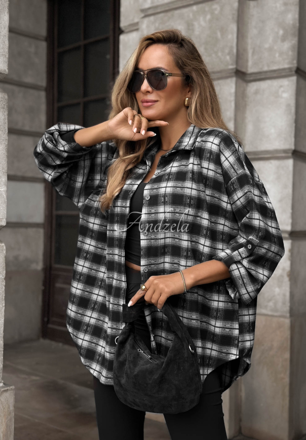 Asymmetrisches Karohemd mit Viskose Autumn Poetry Schwarz