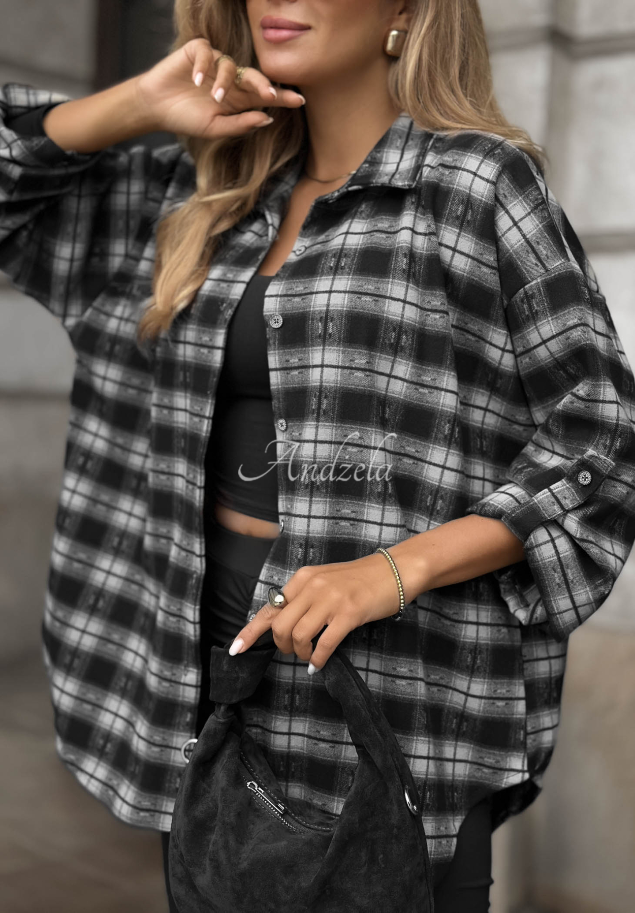 Asymmetrisches Karohemd mit Viskose Autumn Poetry Schwarz