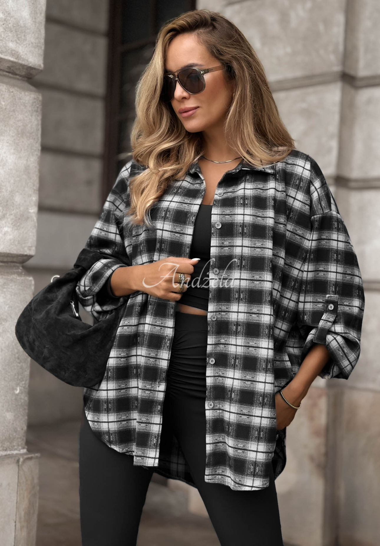 Asymmetrisches Karohemd mit Viskose Autumn Poetry Schwarz