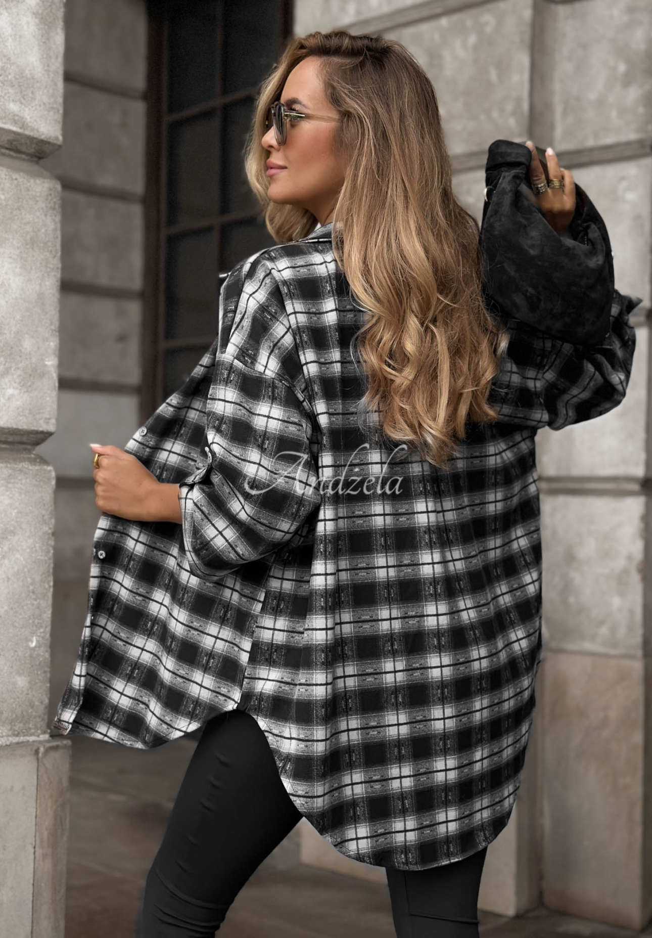 Asymmetrisches Karohemd mit Viskose Autumn Poetry Schwarz
