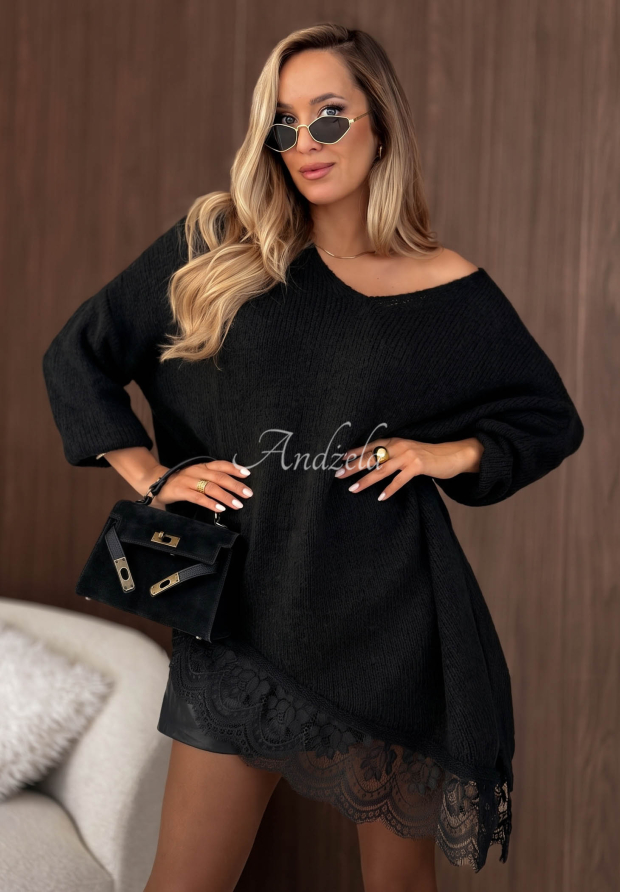 Asymmetrischer Spitzenpullover aus Wolle und Viskose Sweet Seduction Schwarz