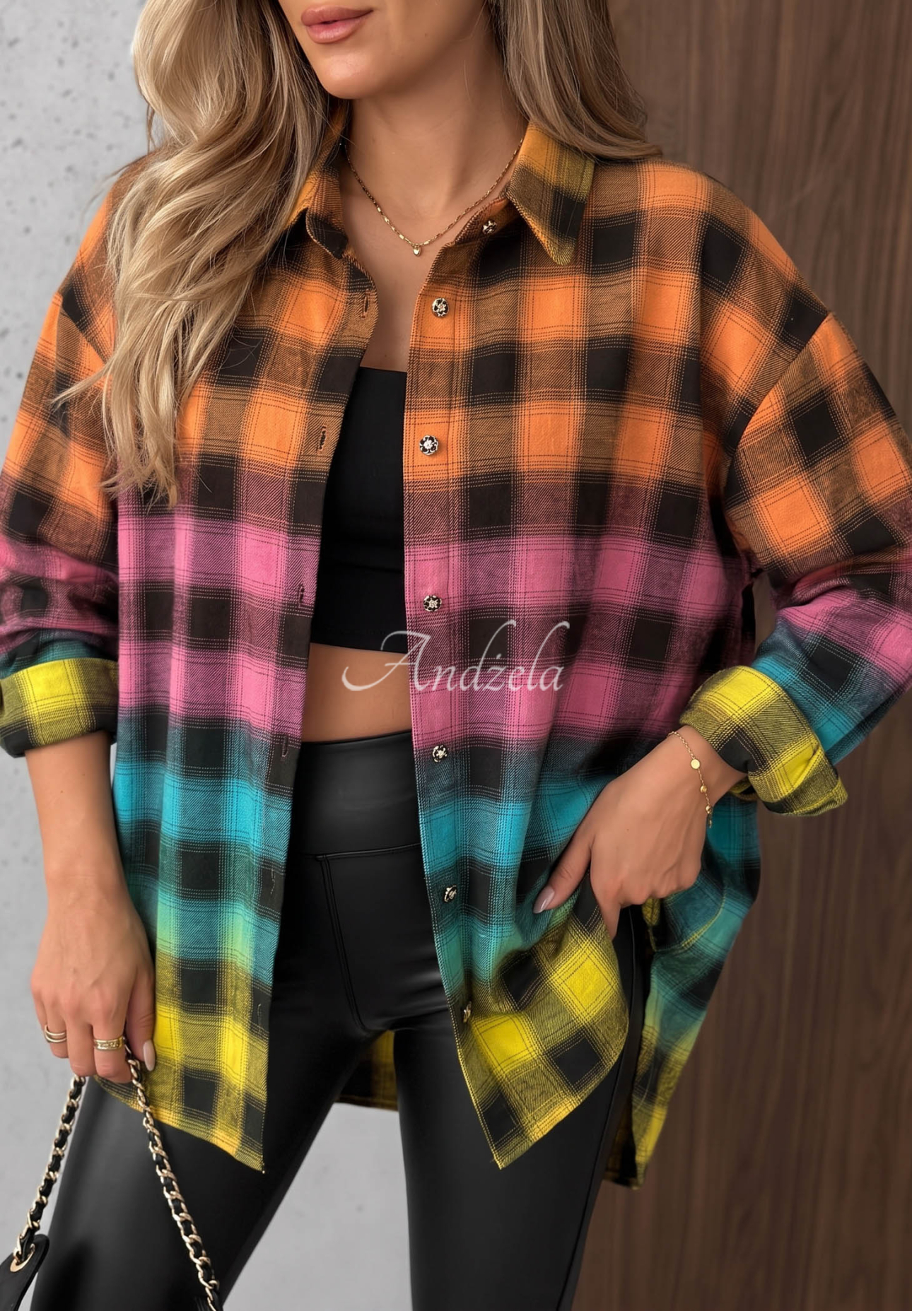 Baumwollhemd mit kariertem Muster und Kragen Happy Colors orange-rosa