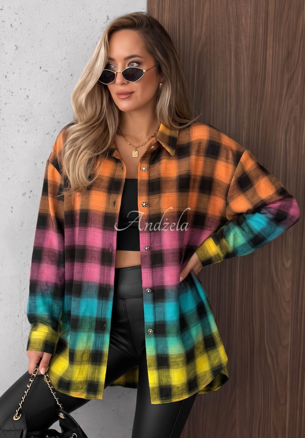 Baumwollhemd mit kariertem Muster und Kragen Happy Colors orange-rosa