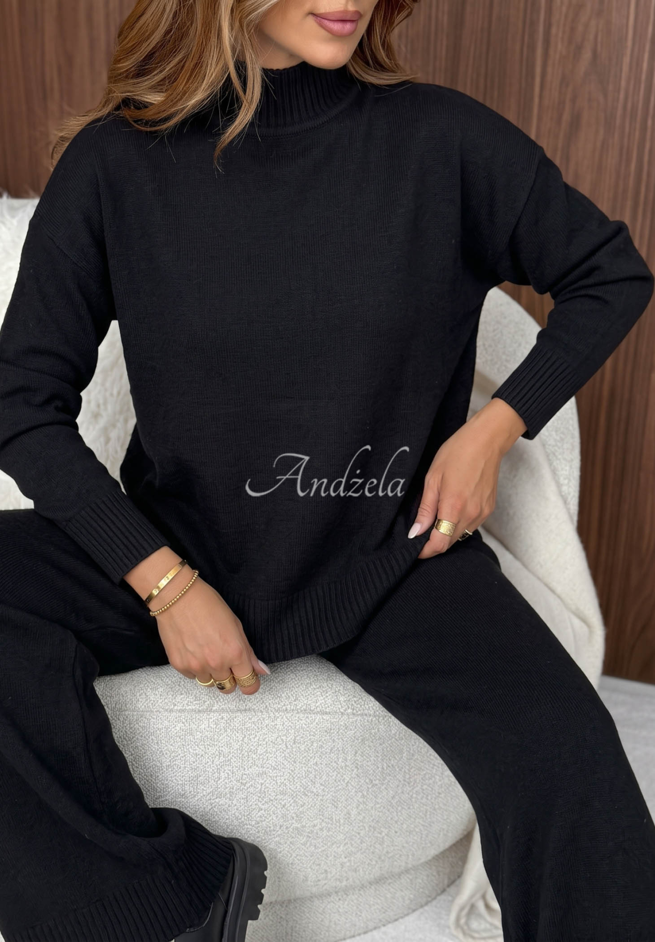 Strickset aus Pullover und Hose wide leg January Snow Schwarz