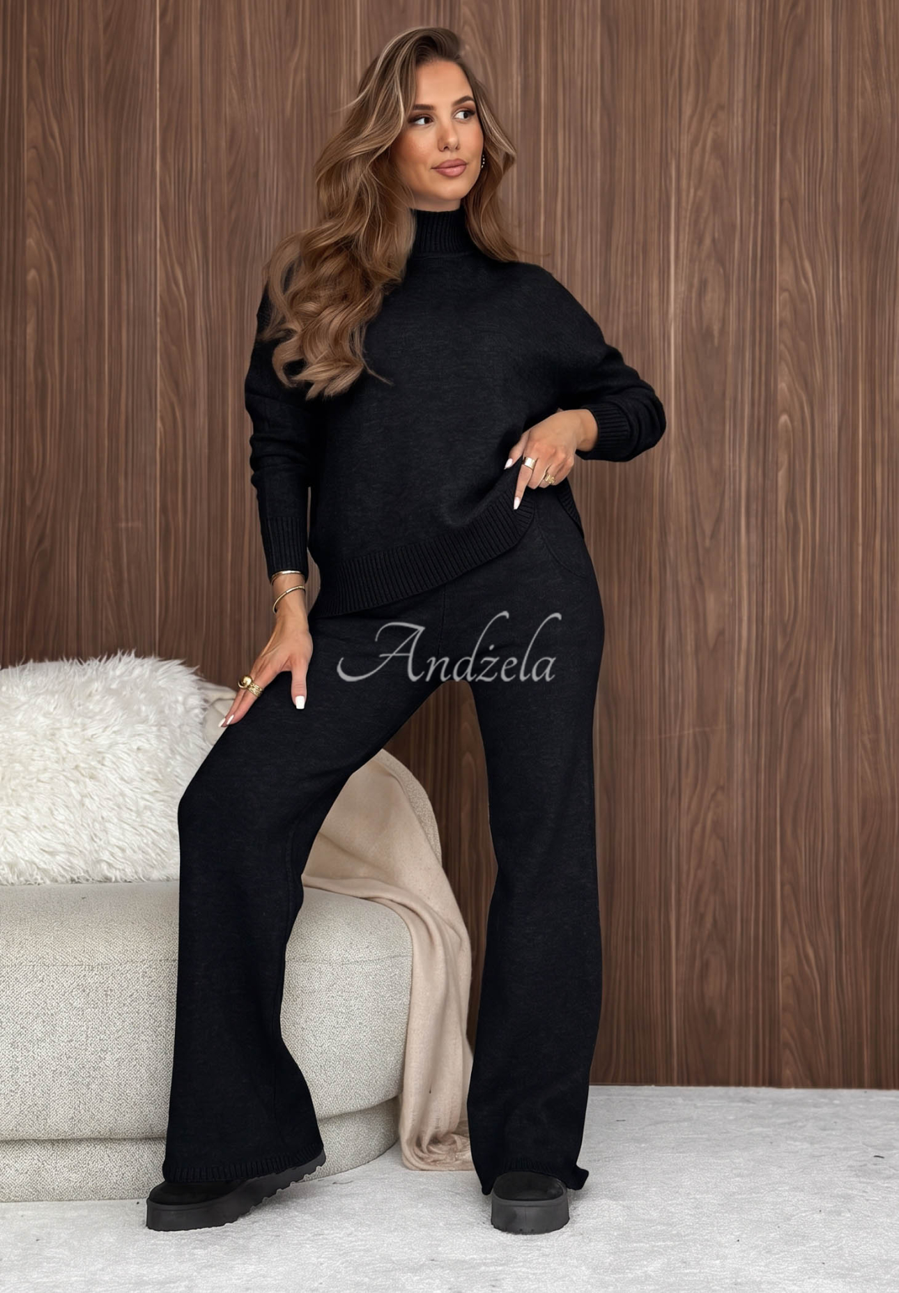 Strickset aus Pullover und Hose wide leg January Snow Schwarz