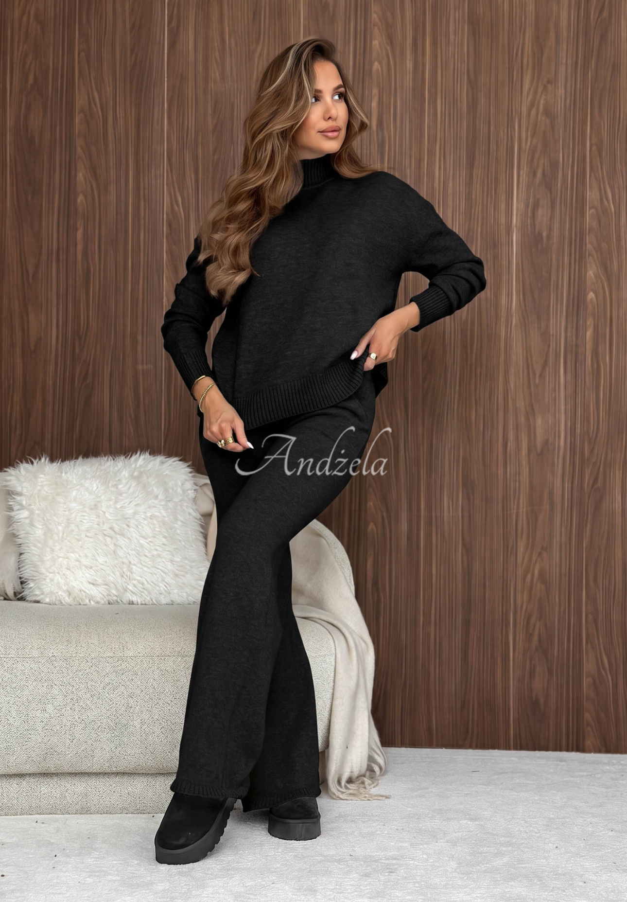 Strickset aus Pullover und Hose wide leg January Snow Schwarz
