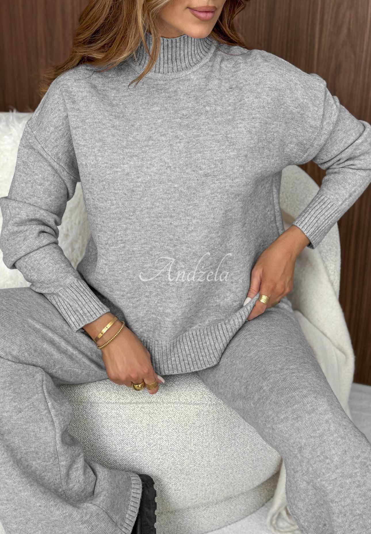 Strickset aus Pullover und Hose wide leg January Snow Grau