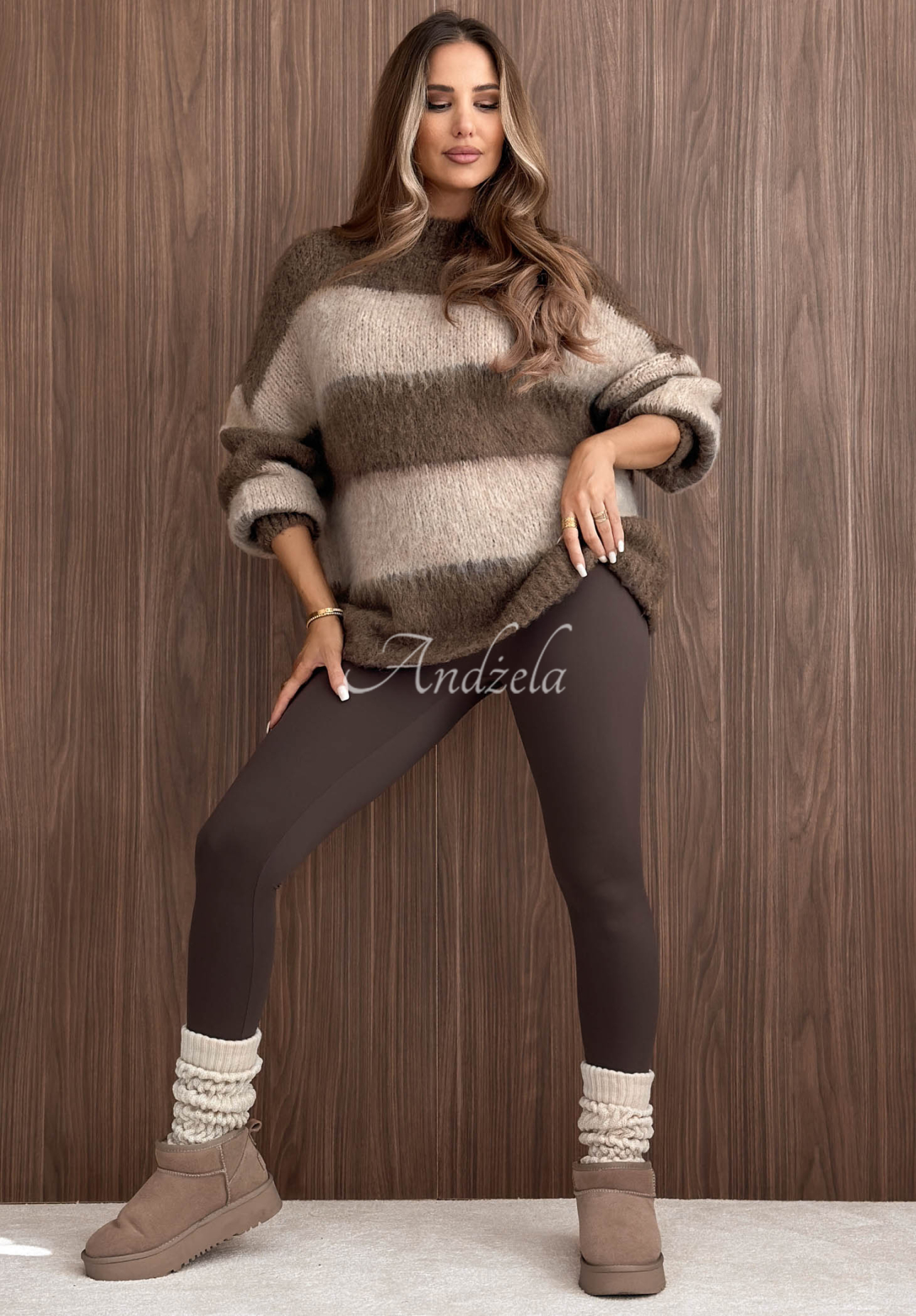 Weicher, gestreifter Pullover mit Wolle und Viskose Cloudy Afternoon beige-schokoladenbraun