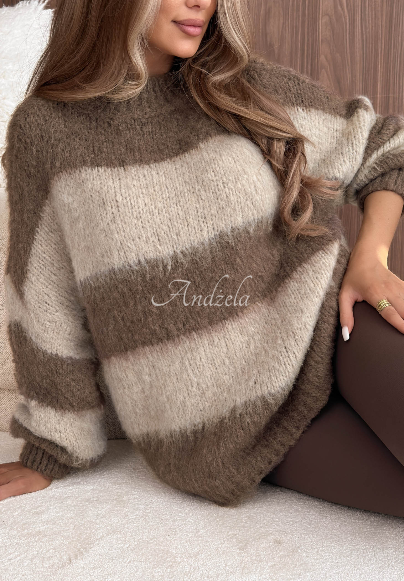 Weicher, gestreifter Pullover mit Wolle und Viskose Cloudy Afternoon beige-schokoladenbraun