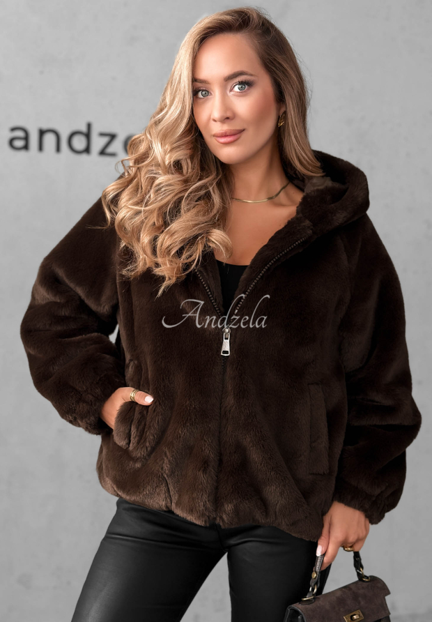 Kurze Jacke aus Fellimitat mit Kapuze Fluffy Babe Schokoladenbraun