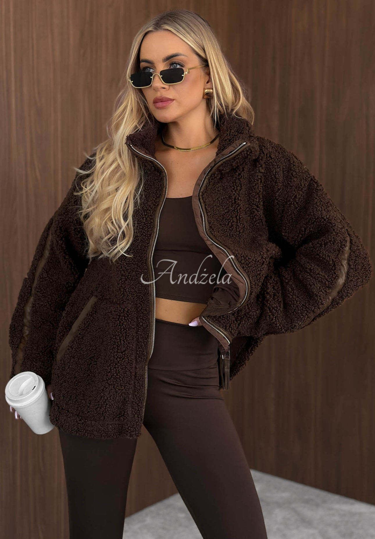 Sherpa Jacke aus Lammfellimitat mit Stehkragen Cozy Darling Schokoladenbraun