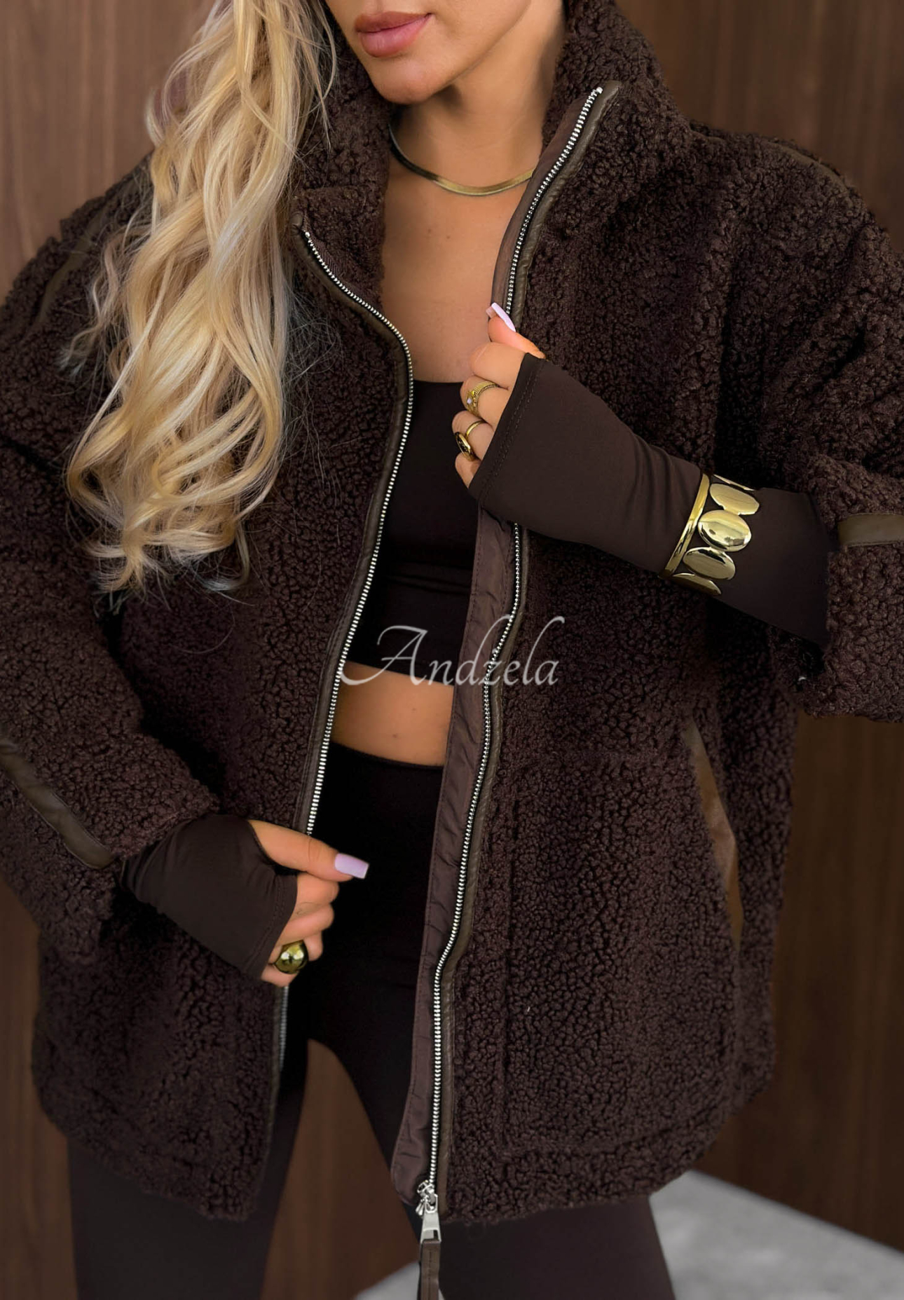 Sherpa Jacke aus Lammfellimitat mit Stehkragen Cozy Darling Schokoladenbraun