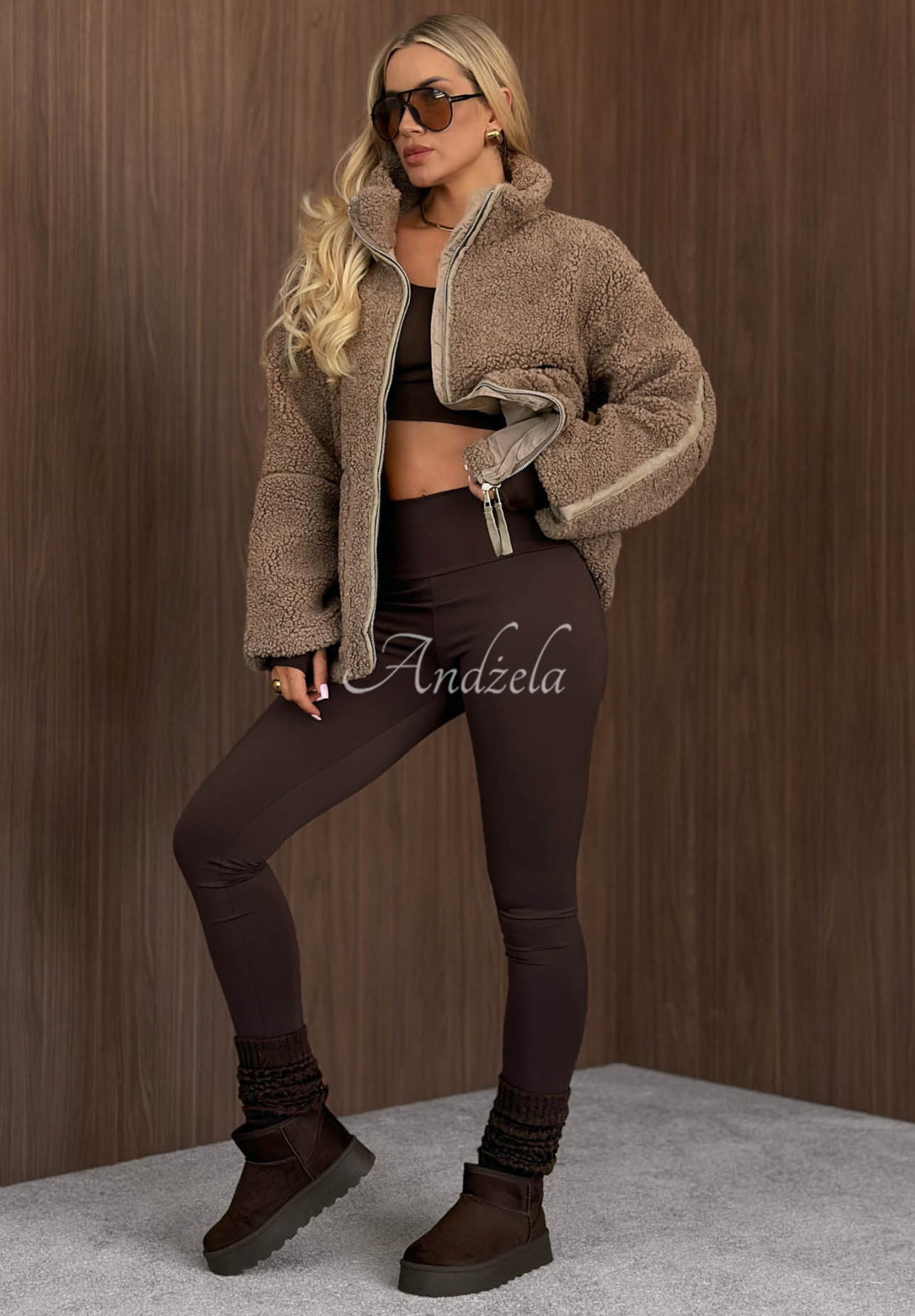 Sherpa Jacke aus Lammfellimitat mit Stehkragen Cozy Darling Mokkafarben