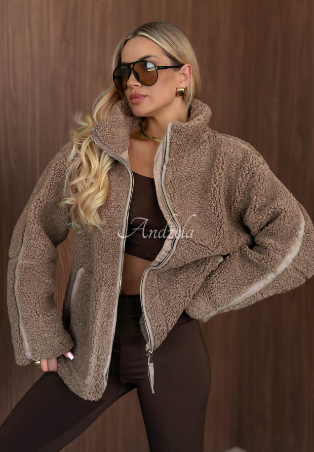 Sherpa Jacke aus Lammfellimitat mit Stehkragen Cozy Darling Mokkafarben
