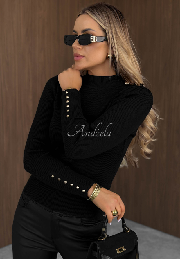 Gerippte Longsleeve-Bluse aus Viskose Essential Fit Schwarz