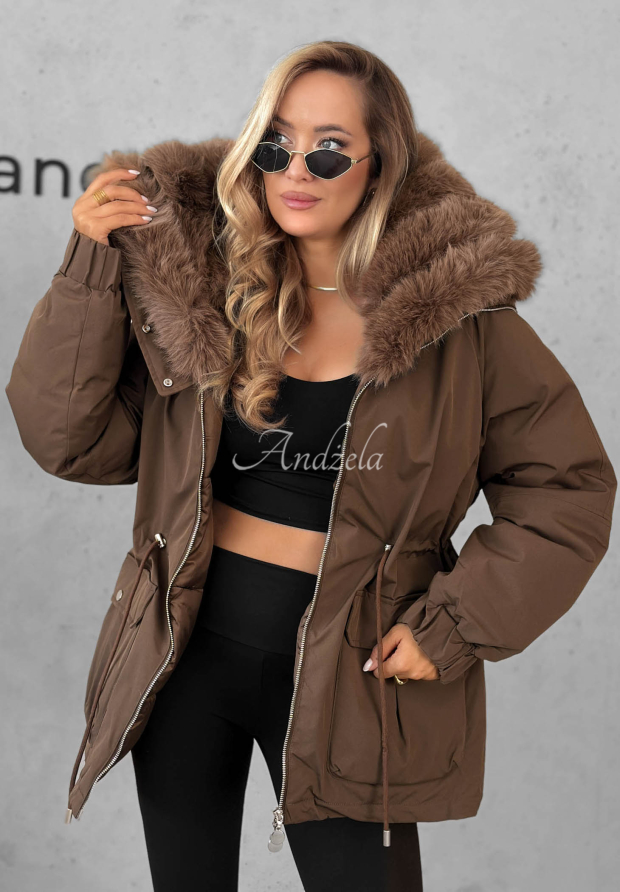 Kurze Parka-Jacke mit Fellimitat Last Chapter Schokoladenbraun