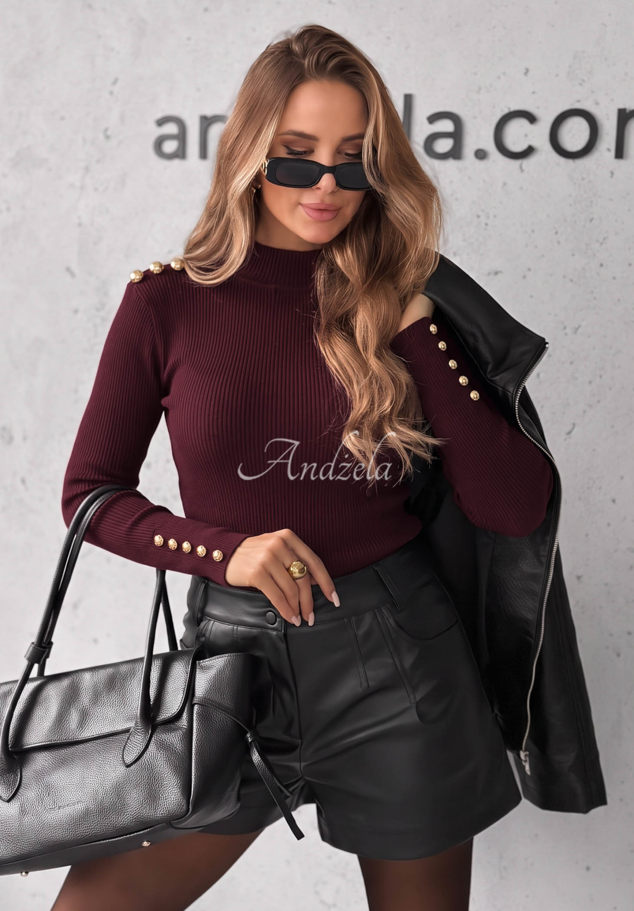 Gerippte Longsleeve-Bluse aus Viskose Essential Fit Burgunderrot
