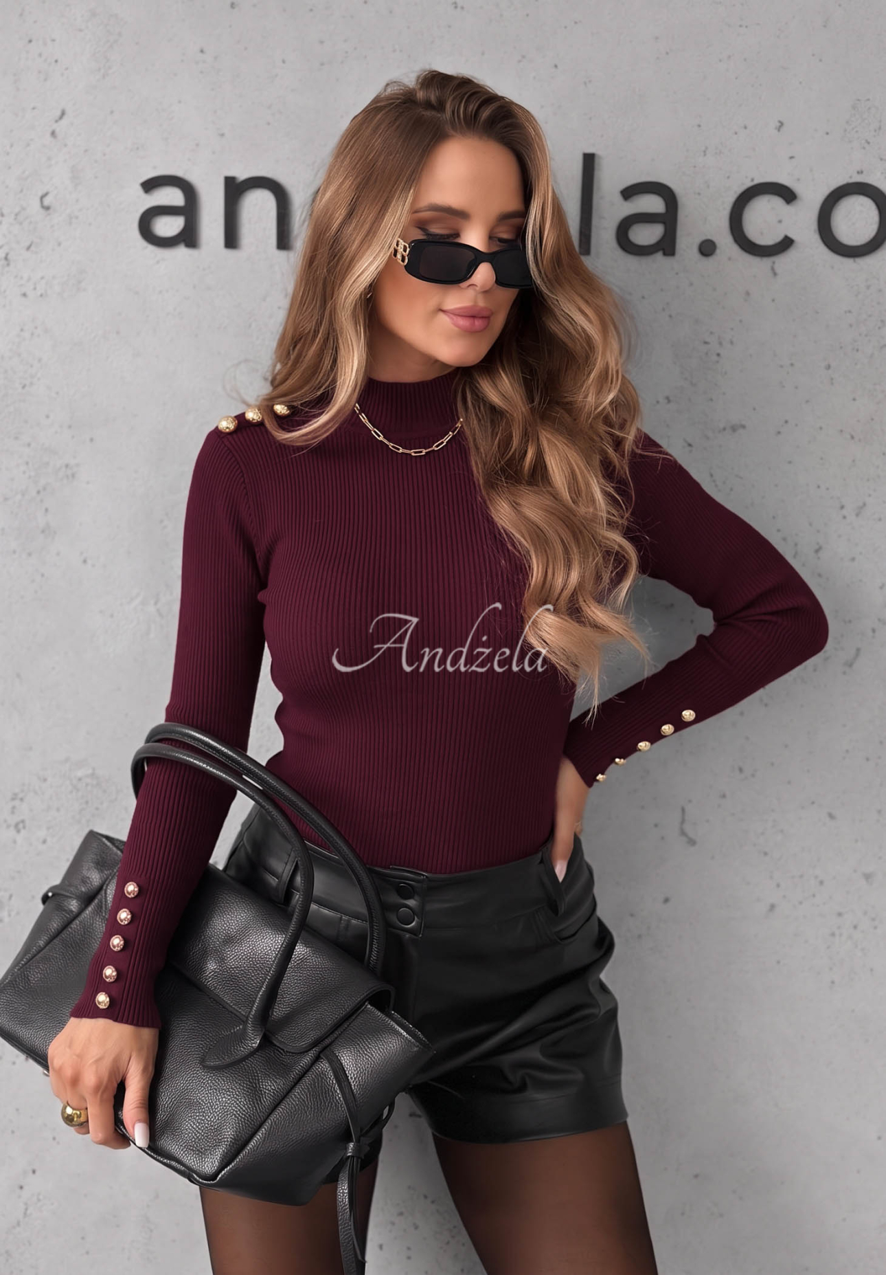 Gerippte Longsleeve-Bluse aus Viskose Essential Fit Burgunderrot