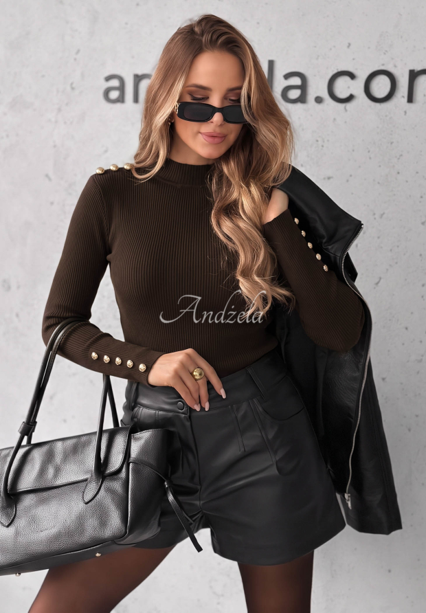 Gerippte Longsleeve-Bluse aus Viskose Essential Fit Schokoladenbraun