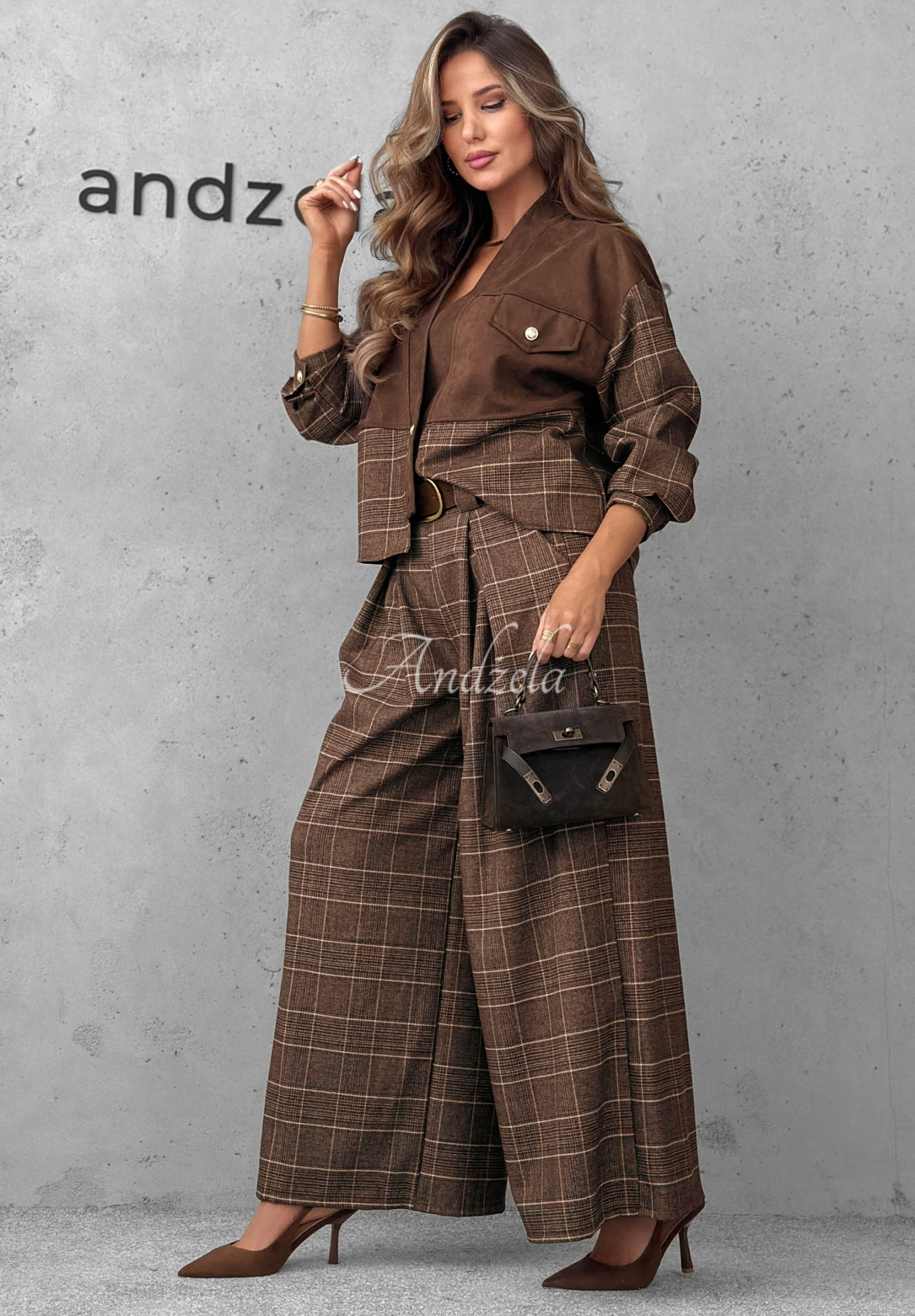Karierte Jacke aus Wildlederimitat Second Coffee Schokoladenbraun