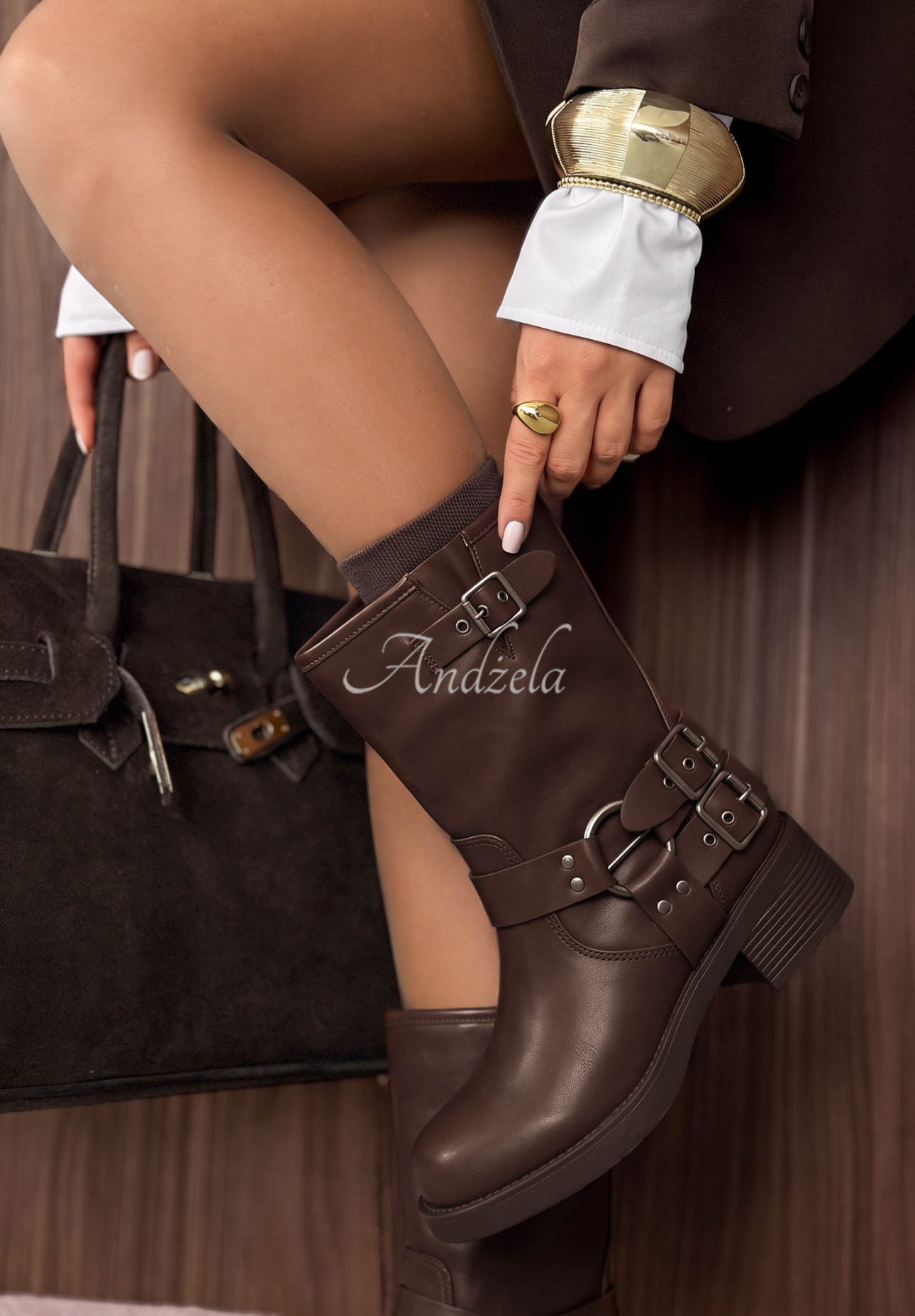 Leder-Biker-Stiefeletten mit Schnallen October Rain Schokoladenbraun