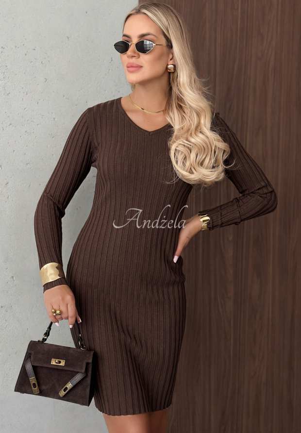 Geripptes Minikleid aus Viskose mit langen &Auml;rmeln und Ausschnitt Lost Romance Schokoladenbraun