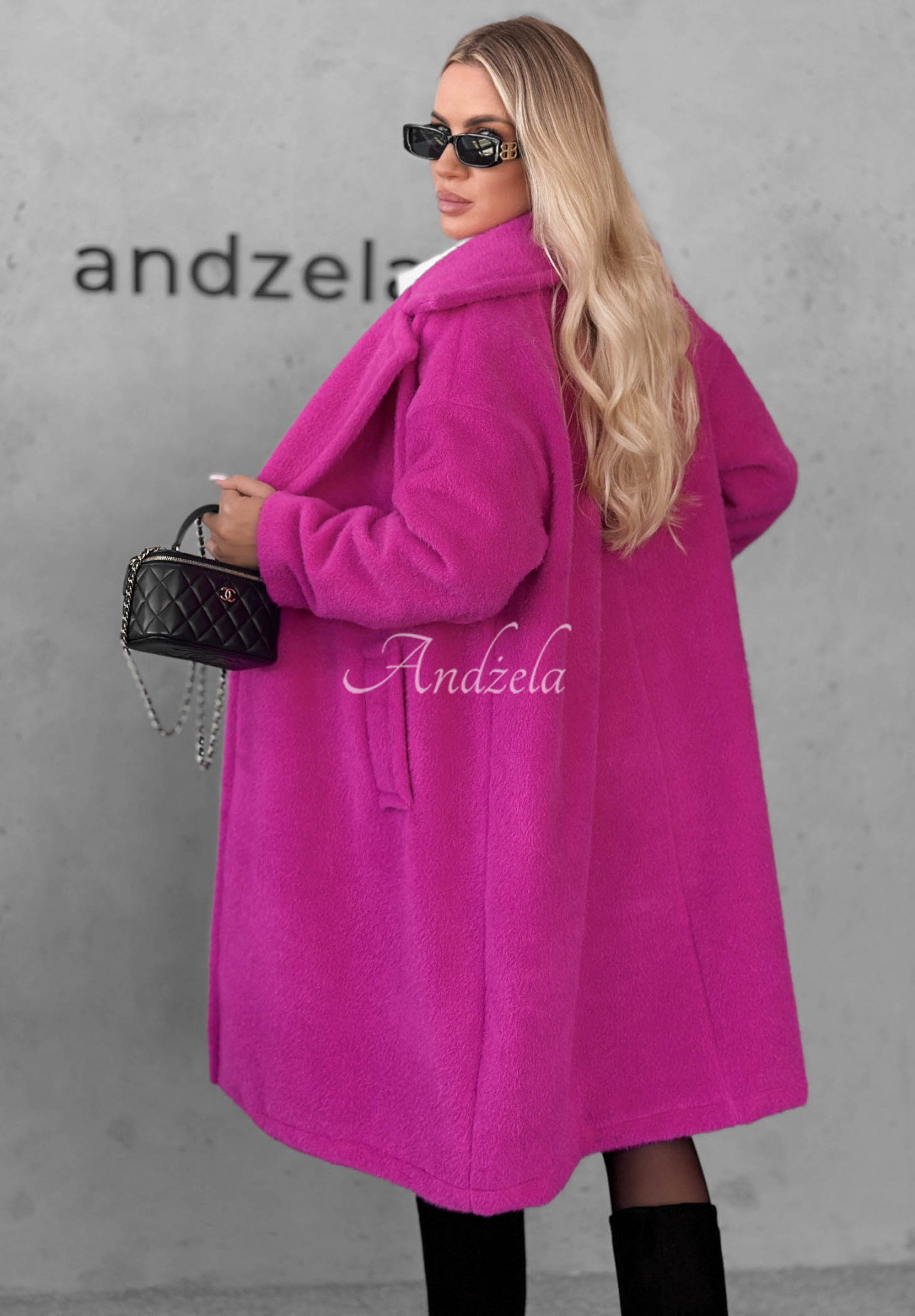 Langer Mantel aus Lammfellimitat mit Wolle und Viskose Warm Story Fuchsia