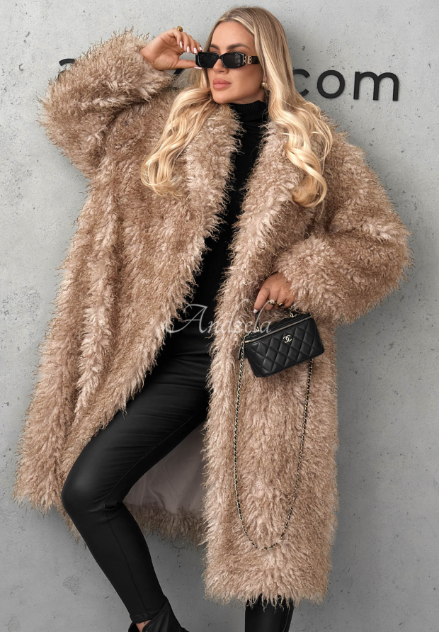 Langer Mantel aus Lammfellimitat November Fog Beige