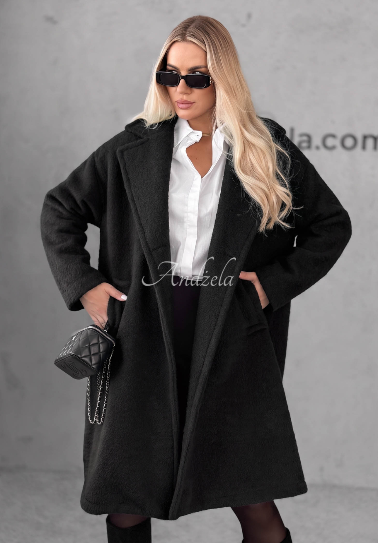 Langer Mantel aus Lammfellimitat mit Wolle und Viskose Warm Story Schwarz