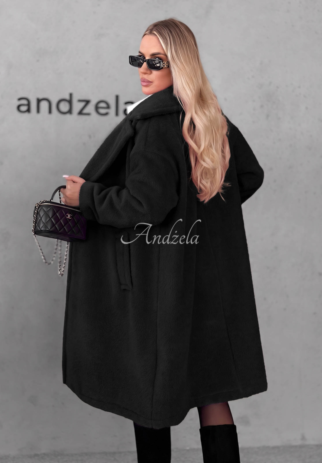 Langer Mantel aus Lammfellimitat mit Wolle und Viskose Warm Story Schwarz