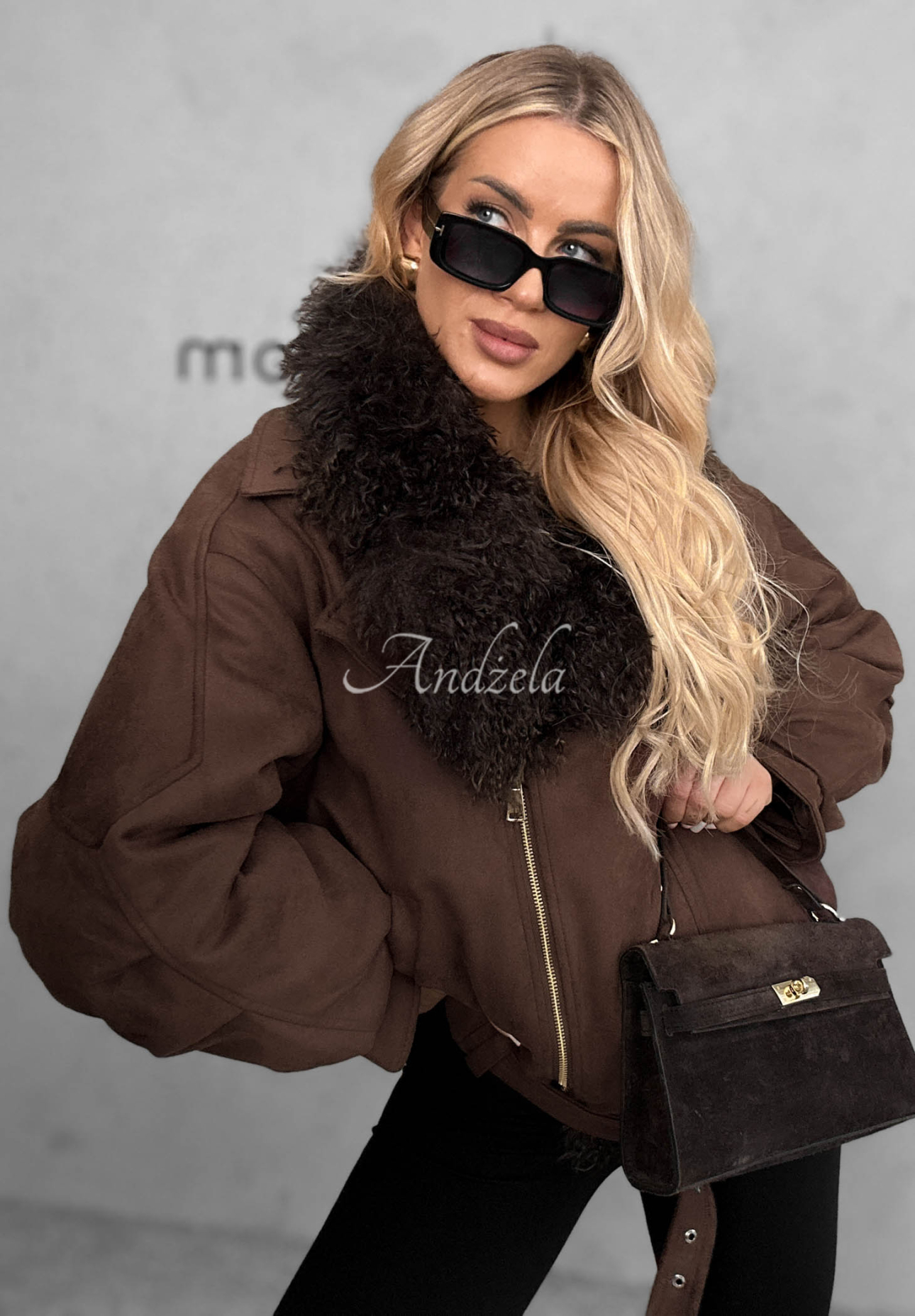 Bomberjacke aus Wildlederimitat mit Kunstfell Chestnut Cloud Schokoladenbraun