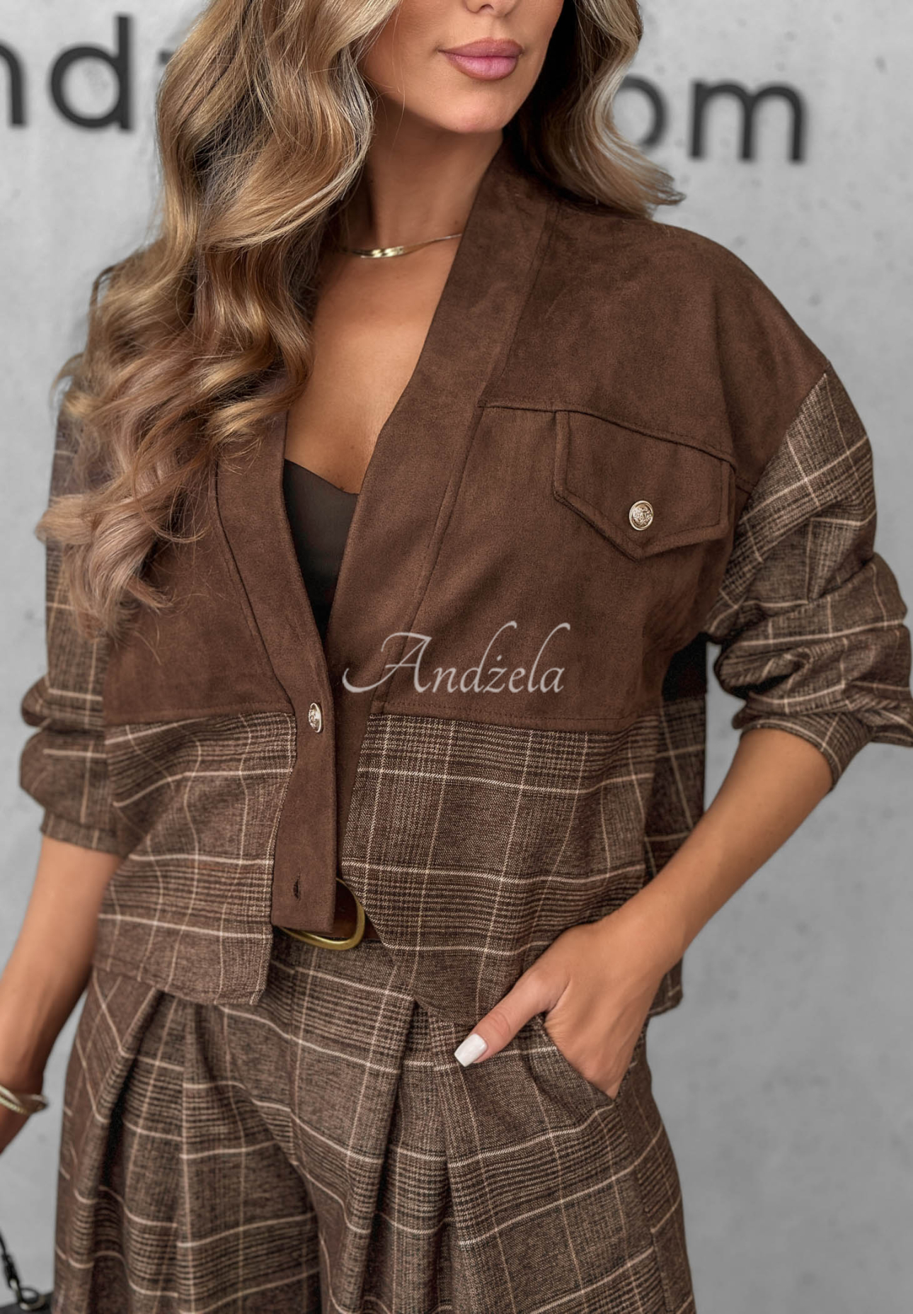 Karierte Jacke aus Wildlederimitat Second Coffee Schokoladenbraun