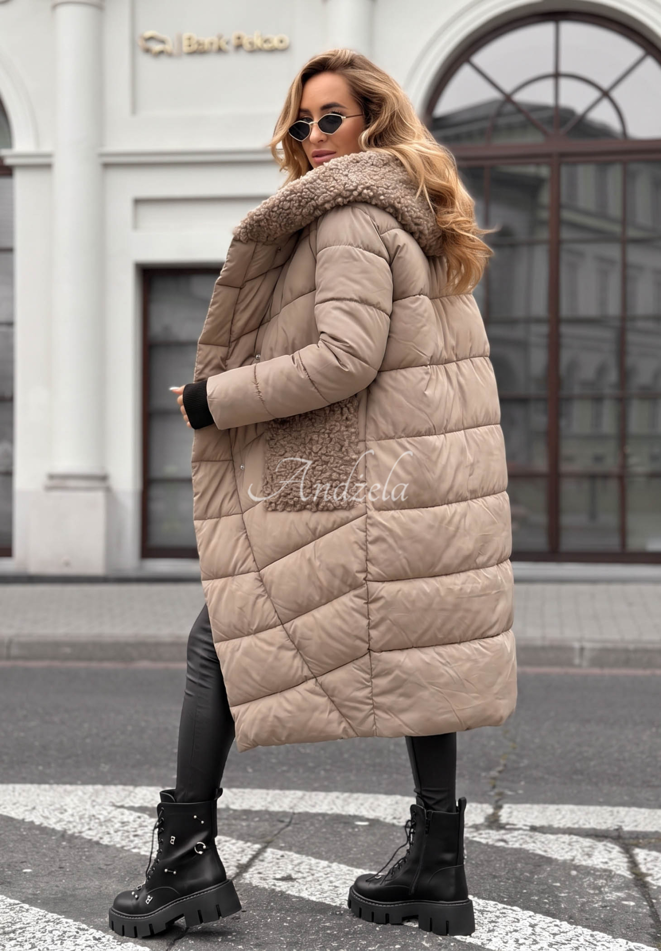 Lange Steppjacke mit Schaffellmantel Long Cold Winter Beige